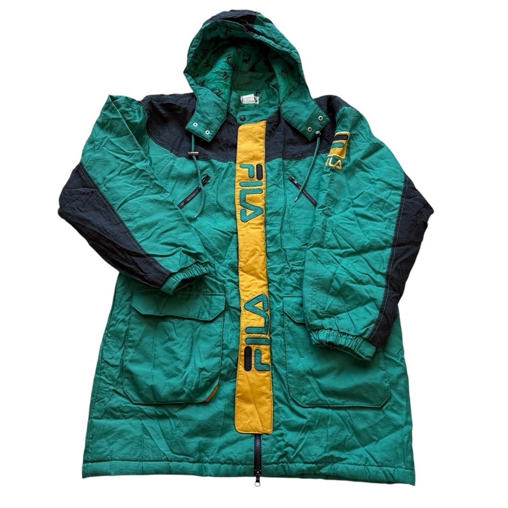 VTG! 90s FILA Parka Jacket Mens L Green Black Spell Out Logo Hooded Puffer Coat